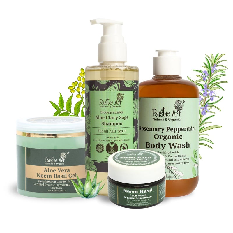 Rustic Art Summer Body Care ComboOrganic And Vegan Natural And Chemical Free Aloe Clary Sage Shampoo Aloe Vera Neem Basil Gel Neem Basil Face Wash 50 gm Rosemary Peppermint Body Wash 300ML - Image 2