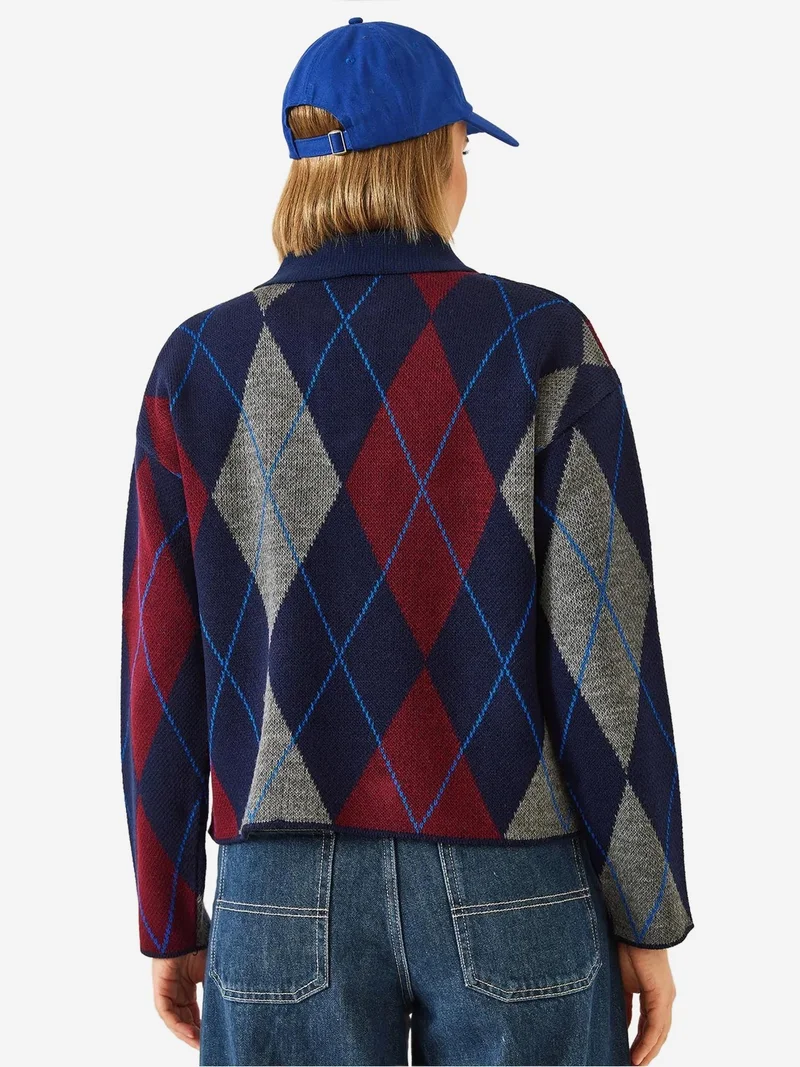 Bianco Lucci LUCCI Geometric Pattern Polo Neck Knit Sweater