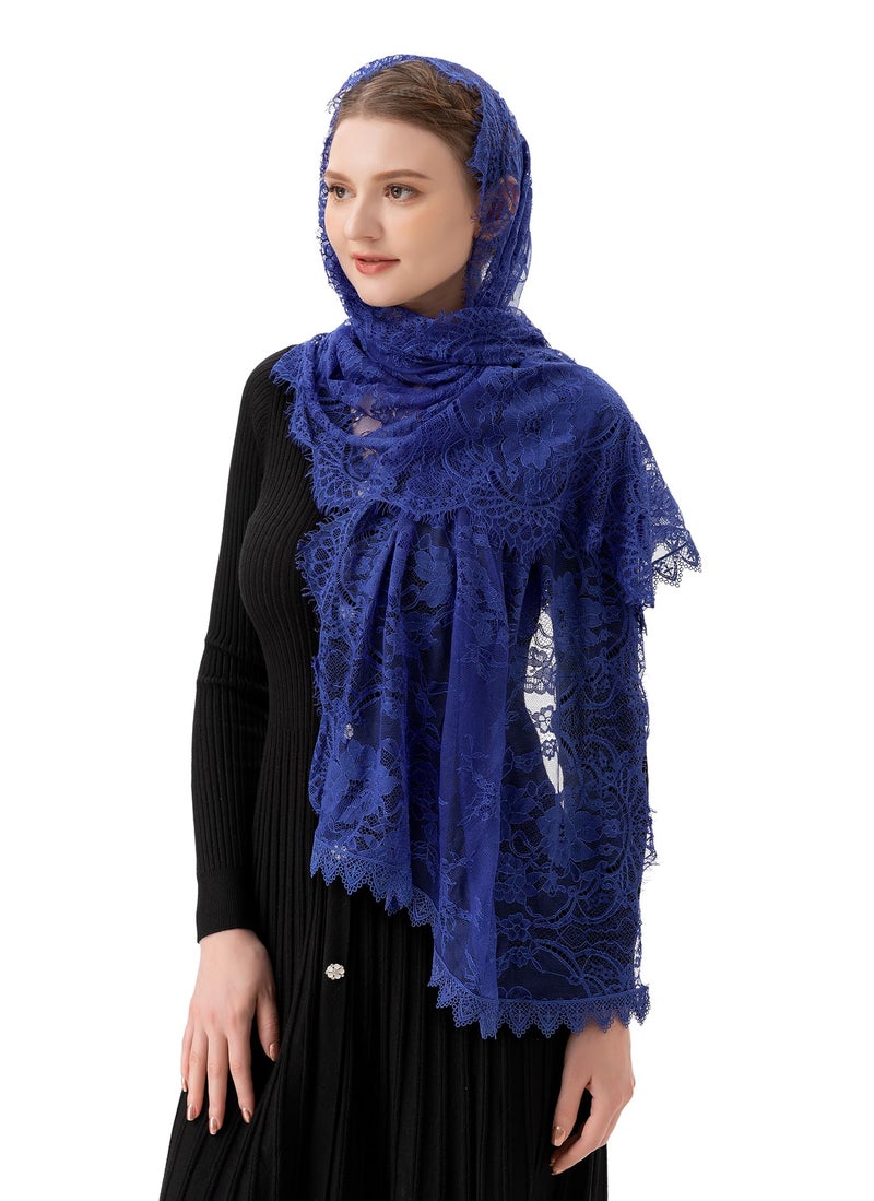 PAMOR Rectangular Chapel Veil Spanish Lace Floral Mantilla Veils Wrap Shawl Mass Head Covering (Navy Blue) - Image 1