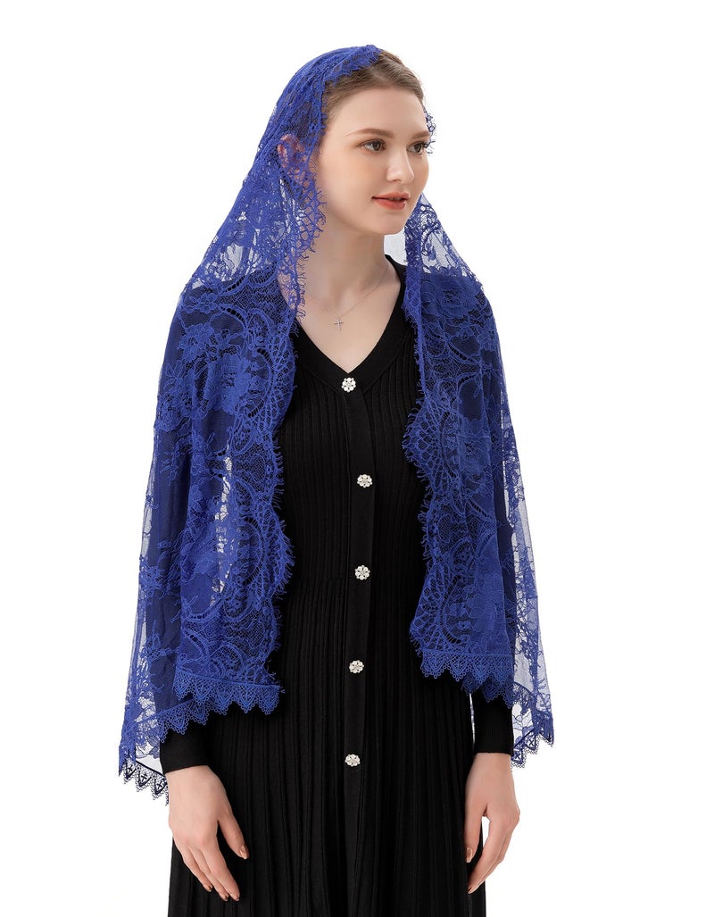 PAMOR Rectangular Chapel Veil Spanish Lace Floral Mantilla Veils Wrap Shawl Mass Head Covering (Navy Blue) - Image 3