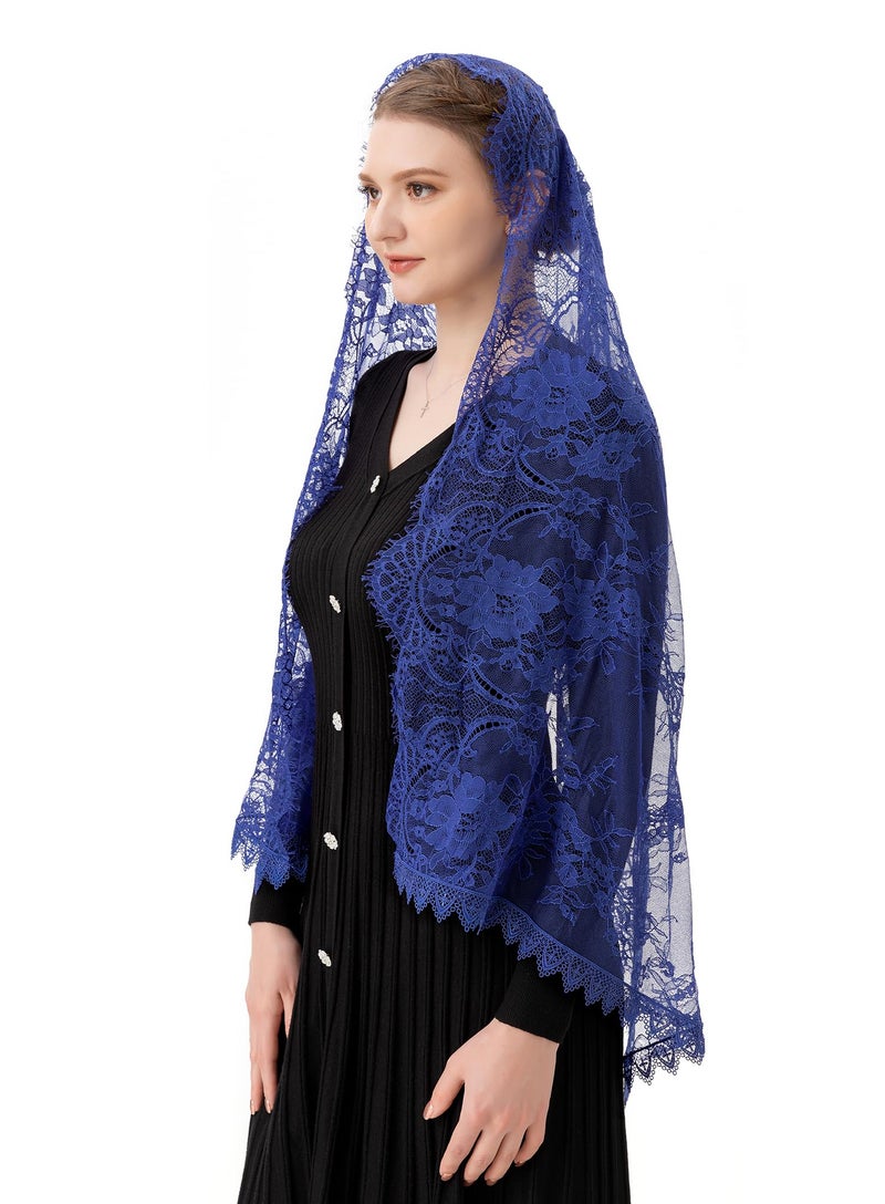 PAMOR Rectangular Chapel Veil Spanish Lace Floral Mantilla Veils Wrap Shawl Mass Head Covering (Navy Blue) - Image 4