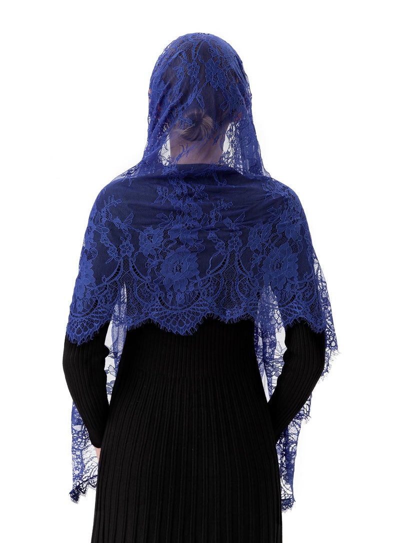 PAMOR Rectangular Chapel Veil Spanish Lace Floral Mantilla Veils Wrap Shawl Mass Head Covering (Navy Blue) - Image 5