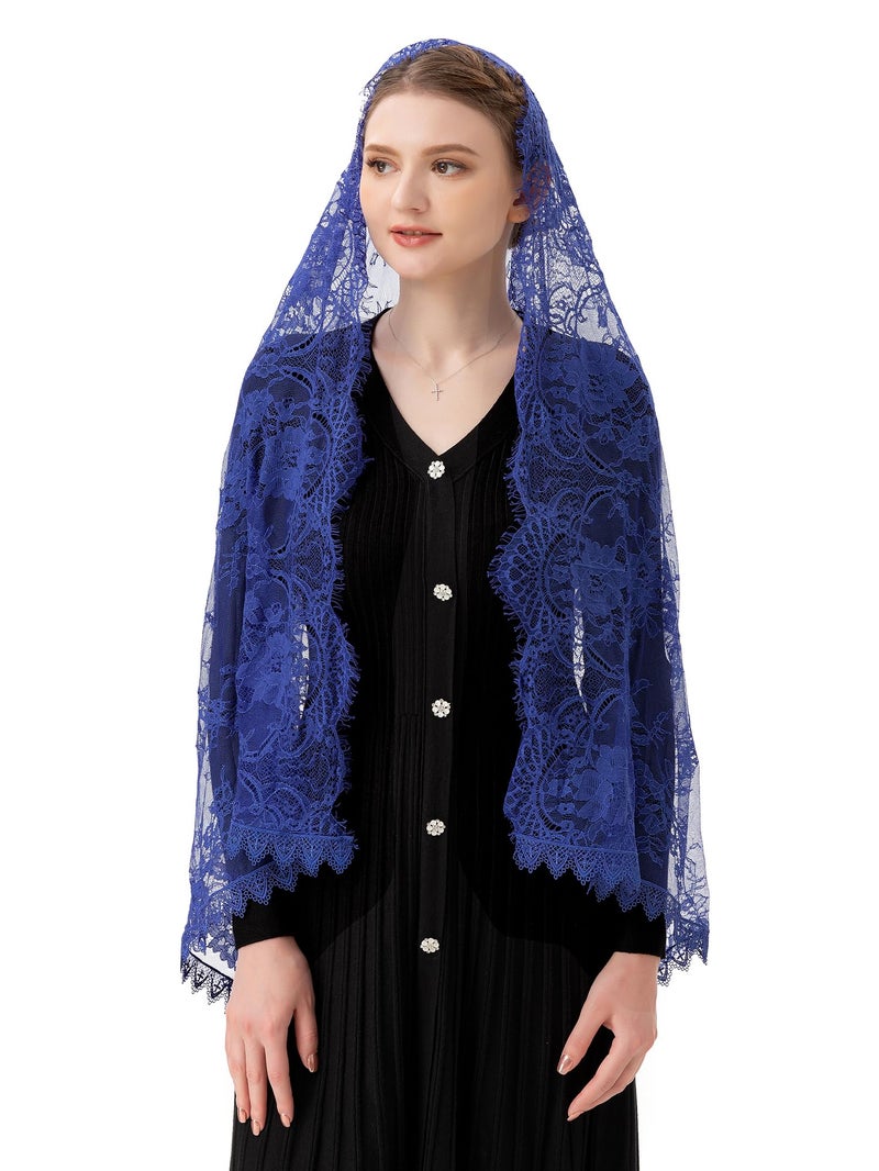 PAMOR Rectangular Chapel Veil Spanish Lace Floral Mantilla Veils Wrap Shawl Mass Head Covering (Navy Blue) - Image 2