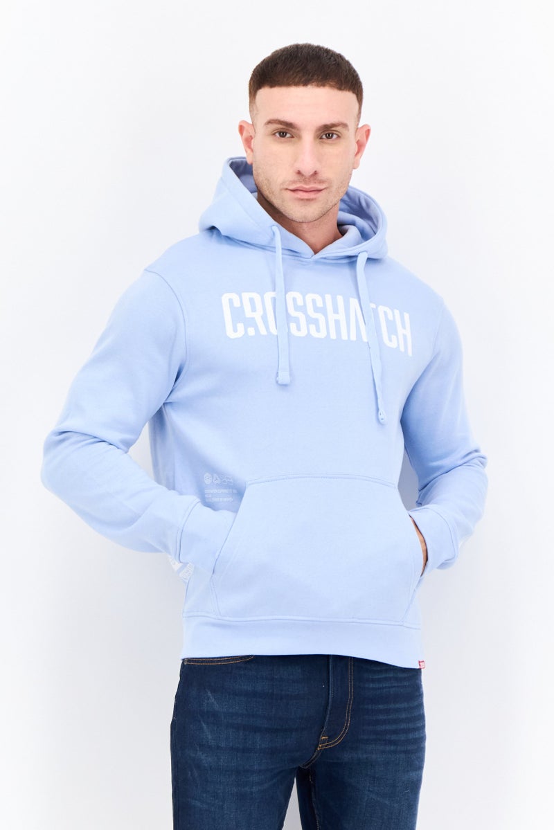 CROSSHATCH Men Brand Logo Long Sleeves Hooded Sweatshirt, Light Blue - Image 1