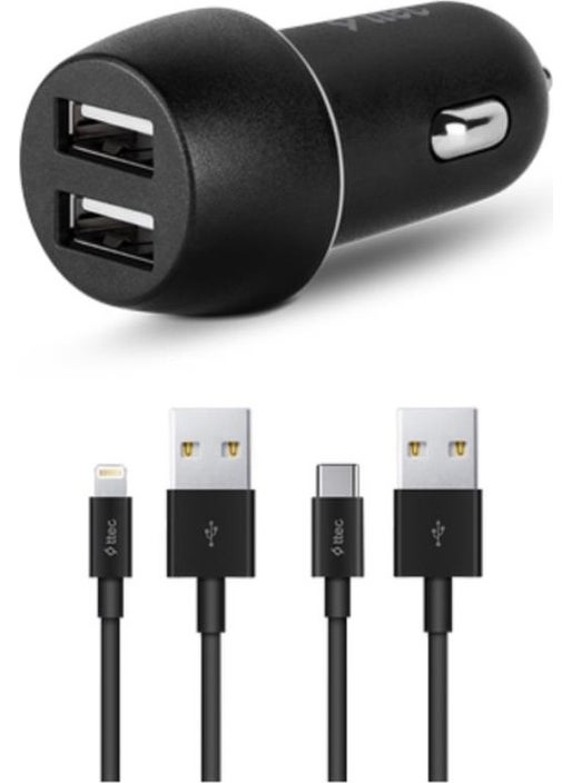 15.5W 3.1A Car Charger with 1 Meter iPhone Lightning and 1.2 Meter Type C Cable, Current and Heat Protected
