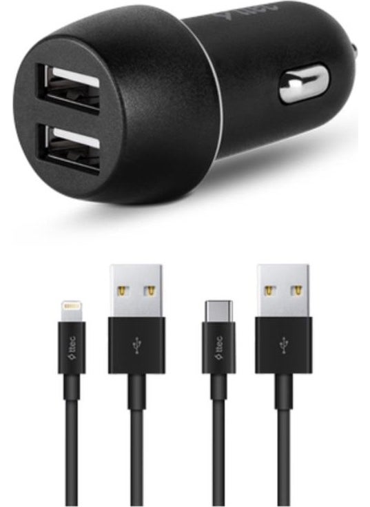 15.5W 3.1A Car Charger with 1 Meter iPhone Lightning and 1.2 Meter Type C Cable, Current and Heat Protected