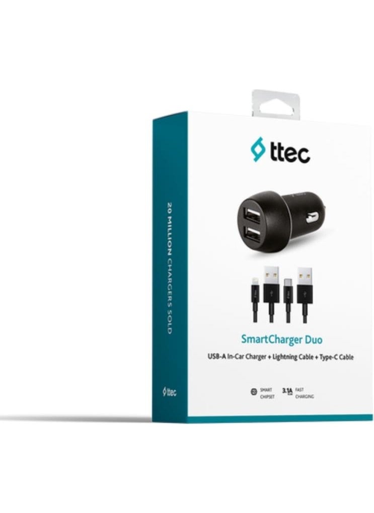 15.5W 3.1A Car Charger with 1 Meter iPhone Lightning and 1.2 Meter Type C Cable, Current and Heat Protected