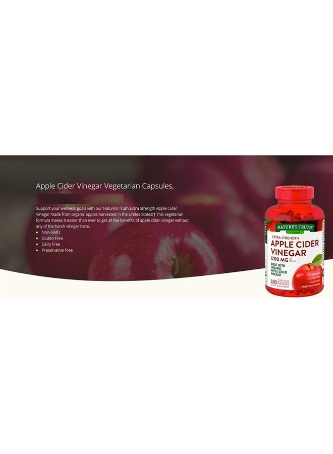 Nature's Truth خل التفاح العضوي فائق القوة سريع المفعول 1200 ملجم خالٍ من الجلوتين ومنتجات الألبان وغير معدّل وراثيًا ولا يحتوي على مواد حافظة - 180 كبسولة نباتية (عبوة واحدة - 180 كبسولة) - Image 2
