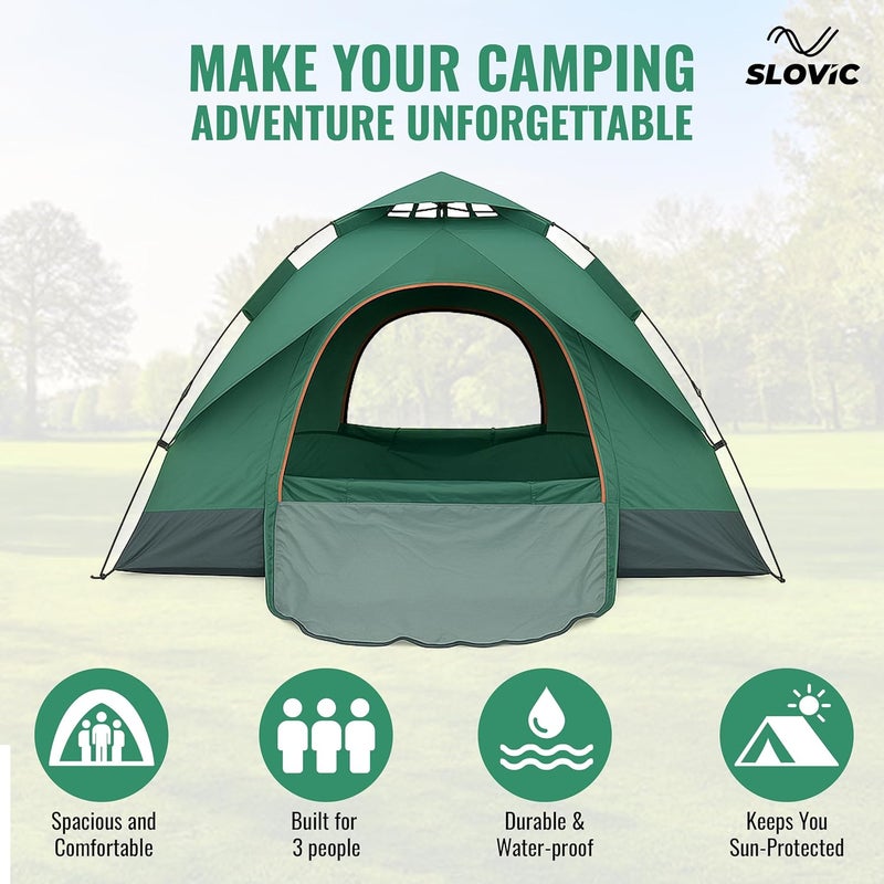 SLOVIC Portable Tent House for Camping | Ideal for 3 People | Water-Proof Tent House for Adults | Camping Accessories for Outdoor | Ideal for Picnic, Travel, Hiking, Outdoor | Green - Image 2