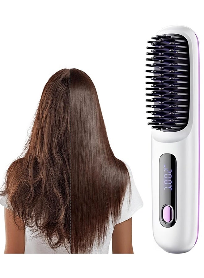 Portable Straightener Brush, LED Display Rechargeable Cordless Straightening Irons Comb for Women Short Long Hair（White） - Image 1