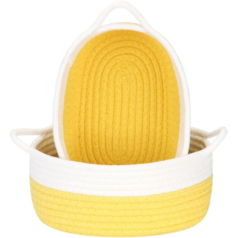 Sea Team 2-Pack Cotton Rope Baskets, 10 x 7 x 4 Inches Small Woven Storage Basket, Fabric Tray, Bowl, Oval Open Dish for Fruits, Jewelry, Keys, Sewing Kits (Yellow & White) - Image 1