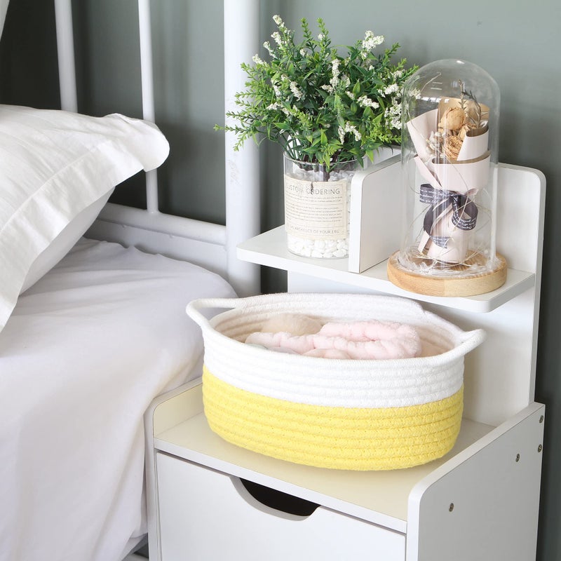 Sea Team 2-Pack Cotton Rope Baskets, 10 x 7 x 4 Inches Small Woven Storage Basket, Fabric Tray, Bowl, Oval Open Dish for Fruits, Jewelry, Keys, Sewing Kits (Yellow & White) - Image 2