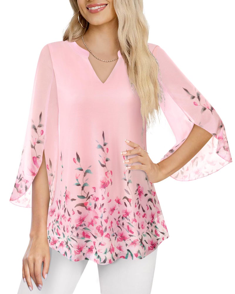 VALOLIA Fancy Tops For Women For Weddings: Dressy Casual 3/4 Sleeve - Womens Pink Tops - Springs Flowy Blouse Pink Print Loose Fit Comfy A-Line Swing Flattering Top to Hide Tummy L - Image 2