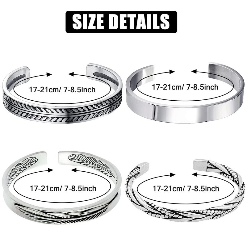 RIOSO 4Pcs Men's Cuff Bracelets Cuff Bracelet Leaves Pattern Twisted Open Cuff Bracelet - Image 5