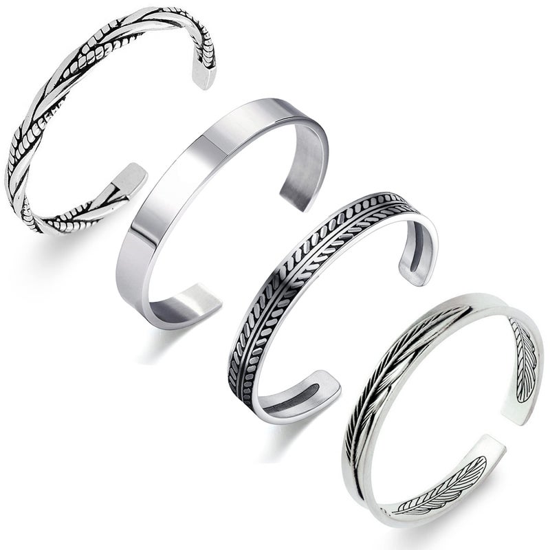 RIOSO 4Pcs Men's Cuff Bracelets Cuff Bracelet Leaves Pattern Twisted Open Cuff Bracelet - Image 1