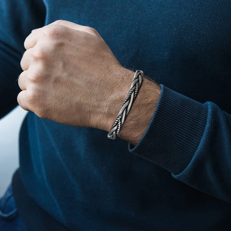 RIOSO 4Pcs Men's Cuff Bracelets Cuff Bracelet Leaves Pattern Twisted Open Cuff Bracelet - Image 3