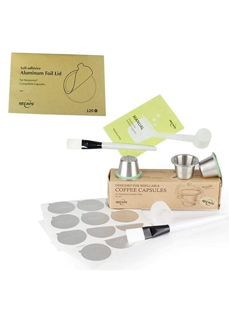 ريكابس كبسولات قهوة نيسبريسو ماركة ريكابس معدنية قابلة لإعادة الملء  (3 كبسولات حجم أصلي + 120 غطاء) - Image 1
