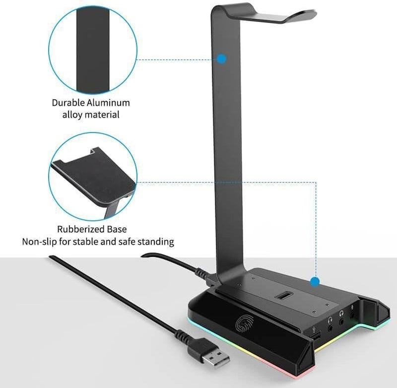 EKSA RGB Headset Stand, Headphone Stands with 7.1 Surround Sound & USB/3.5mm Port, Desk Gaming Headsets Holder with Aluminum Alloy Rod & Non-Slip Rubber Pad, Suitable for Most Gamer Desktop Earphones - Image 4