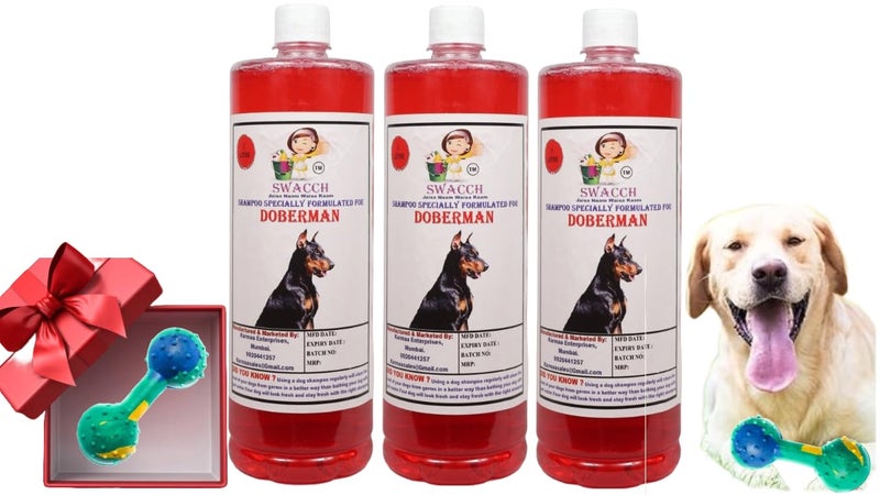 swacch Doberman Dog Shampoo + Dumbbell Toy I Durable Rubber Dog Toy for Chewing I Playing,Teeth Cleaning & Training Toy I Combo Pack I 1 Litre Pack of 3 Strawberry - Image 1