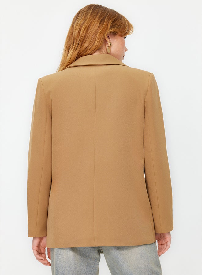 trendyol سترة بليزر منسوجة ببطانة عادية باللون البيج الداكن TWOAW20CE0316 - Image 5