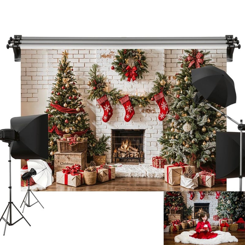 Kate 10x10ft3x3m Christmas Backdrop White Brick Wall Fireplace Xmas Tree Gifts Photo Background Photography Studio Props