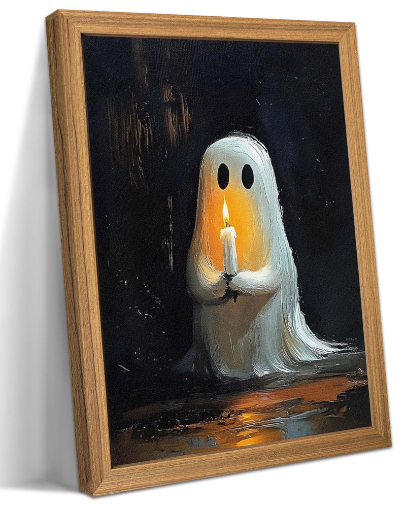 Framed Vintage Halloween Ghost Wall Art  Spooky Candle Ghost Fall Texture Pictures Wall Decor for Living Room Kids Room Halloween Bedroom or Party 12x16 inch