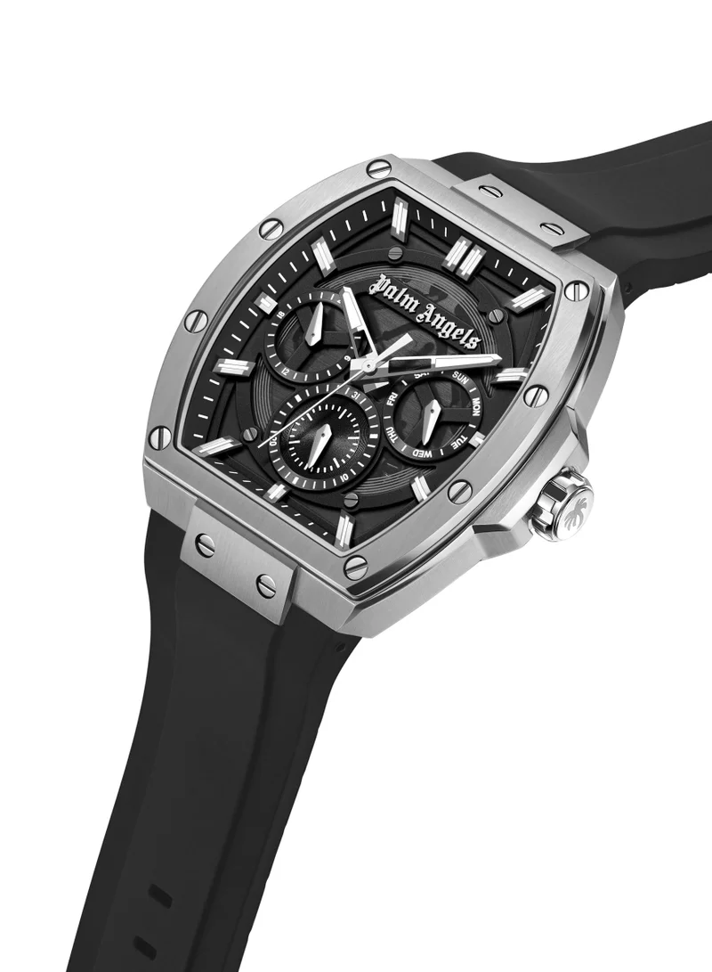 Palm Angels Vortex Black Dial Black Silicone Strap Multifunction Watch for Men, 42mm