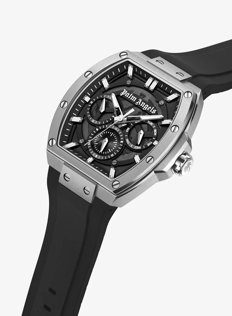 Palm Angels Vortex Black Dial Black Silicone Strap Multifunction Watch for Men, 42mm