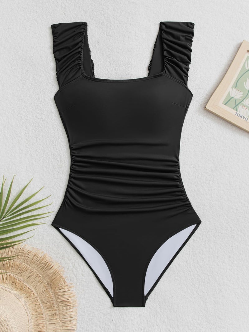 Eomenie One Piece Swimsuit for Women Puffy Sleeves Tummy Control Bathing Suit Tie Back Swimwear Black - Image 5