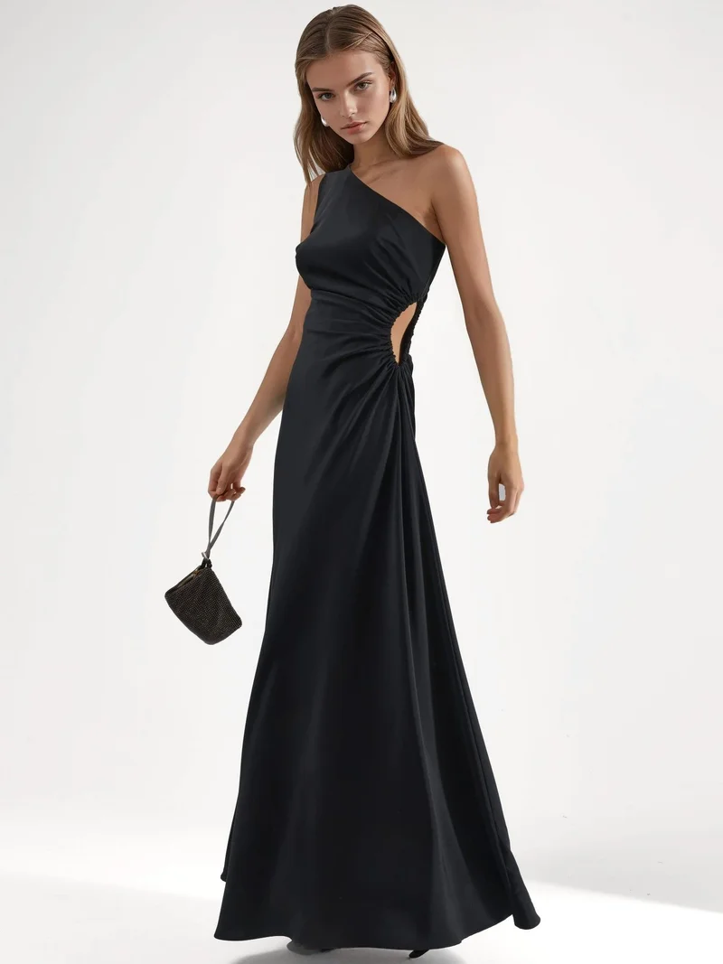 HICCUP Asymmetrical Collar Cut Out Detailed Maxi Dress