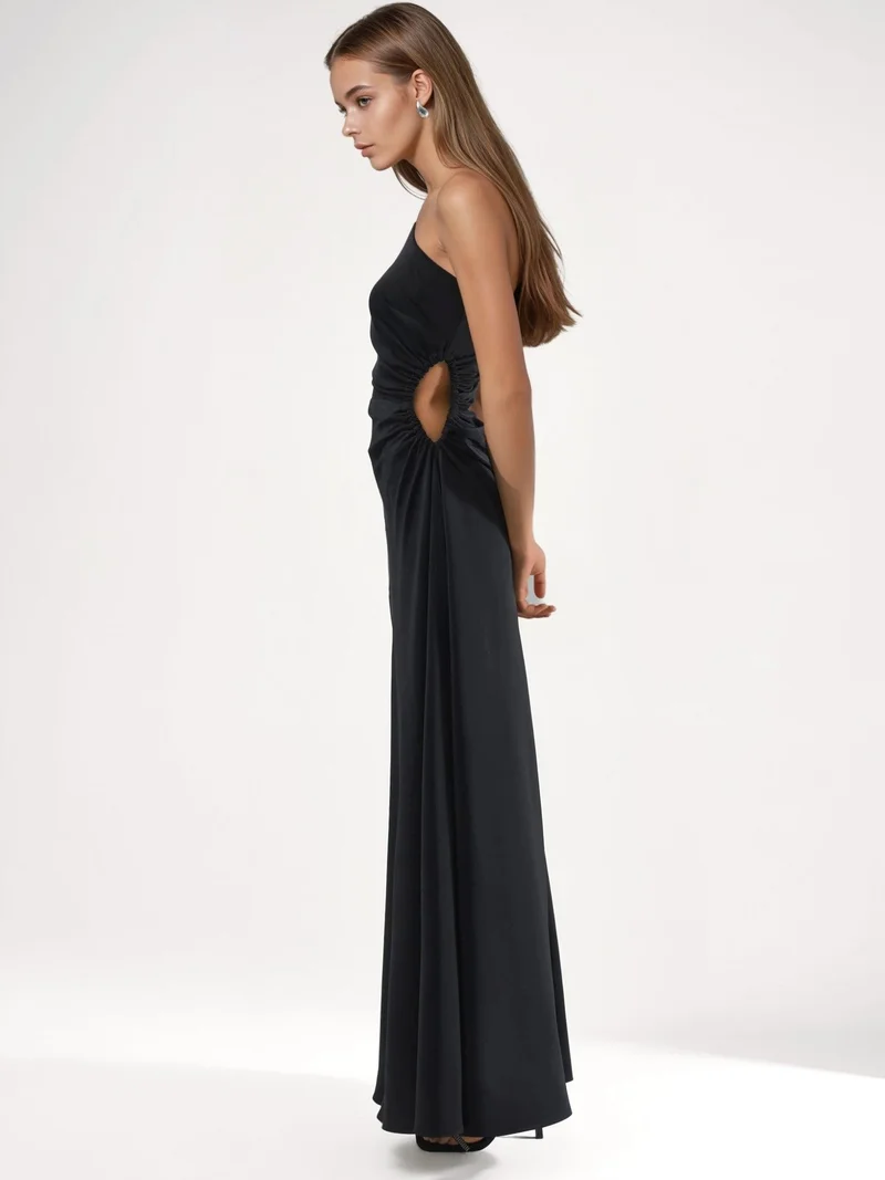 Hiccup Black Asymmetrical Collar Cut Out Detailed Maxi Dress for Women | Best Price UAE
