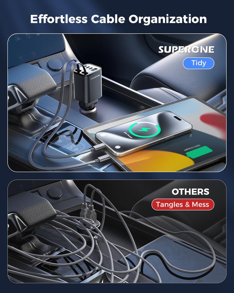 SUPERONE Retractable Car Charger, SUPERONE 99W Car Phone Charger with Cables Fast Charging, USB C Car Charger Adapter for iPhone 17 16 15 14 13 12, Samsung, Black - Image 2