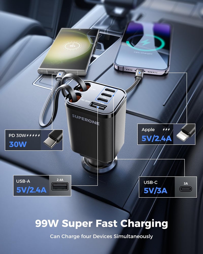 SUPERONE Retractable Car Charger, SUPERONE 99W Car Phone Charger with Cables Fast Charging, USB C Car Charger Adapter for iPhone 17 16 15 14 13 12, Samsung, Black - Image 4