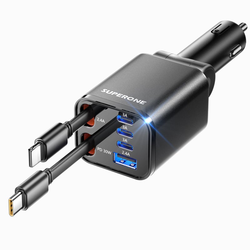 SUPERONE Retractable Car Charger, SUPERONE 99W Car Phone Charger with Cables Fast Charging, USB C Car Charger Adapter for iPhone 17 16 15 14 13 12, Samsung, Black - Image 1