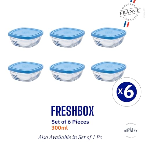 Duralex® FreshBox Set of 6 Tempered Glass Container, 300 ml, Square - Diswasher and Microwave Safe Food Storage Box with Lid, Classic Type Kitchen Jar, Freezer Safe - Image 3
