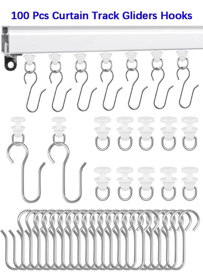 Wffo 100 Pcs Curtain Track Gliders Hooks 50 Plastic Curtain Tracks Glider and 50 Metal Hook Ceiling Sliding Curtains Tracks Hook for Straight Curved Track Glider Carriers Hooks Rail Runner - Image 1