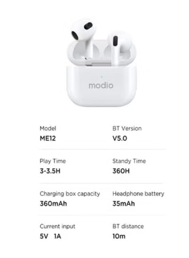 modio ME12 Wireless Bluetooth Earphones for Android & iOS – In-Ear Stereo Earbuds with Built-in Microphone, Touch Controls, Noise Reduction, Long Battery Life, Lightweight Secure Fit Headset for Music, Calls, Gym, Sports & Everyday Use - Image 3