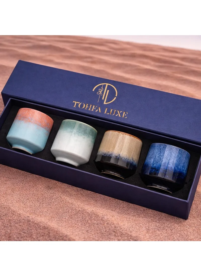 تحفة لوكس طقم فناجين سيراميك توهفة لوكس "سراب" (4 قطع) – فناجين قهوة وإسبريسو مصنوعة يدويًا بتشطيب رمال والمحيط – طقم هدايا رمضاني – 220 مل