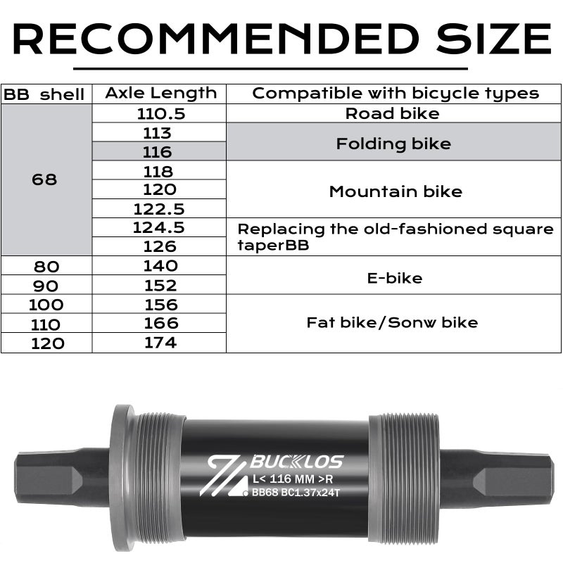 BUCKLOS Bike Square Taper Bottom Bracket - 68/80/90/100/110/120x110.5 113 116 118 122.5 127 140 152 156 166 174mm Bicycle BSA Brackets for Mountain/MTB/Road/Fat Bike/Ebike - Image 4