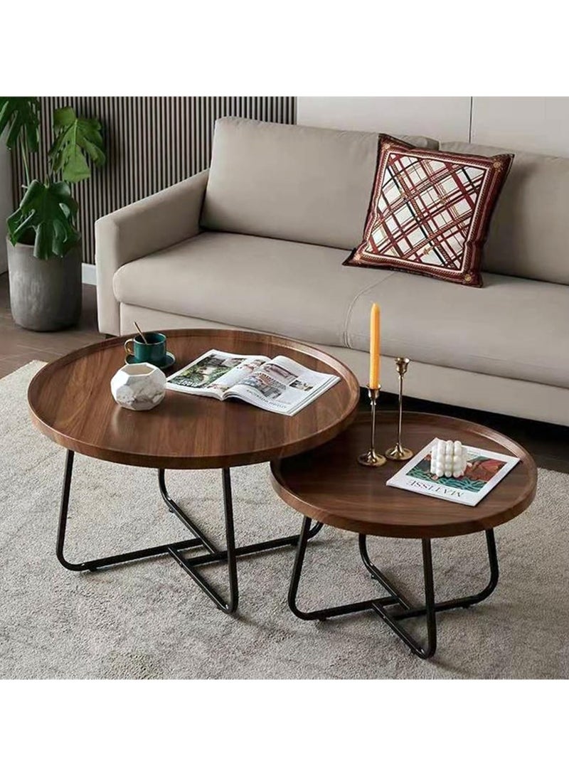 جورونب طقم طاولة قهوة دائرية مكون من قطعتين، طقم طاولات جانبية، طاولة قهوة خشبية لغرفة المعيشة، غرفة النوم، المكتب، طاولات جانبية حديثة لغرفة النوم أو المكتب المنزلي الصغير أو الشرفة (جوز) - Image 1