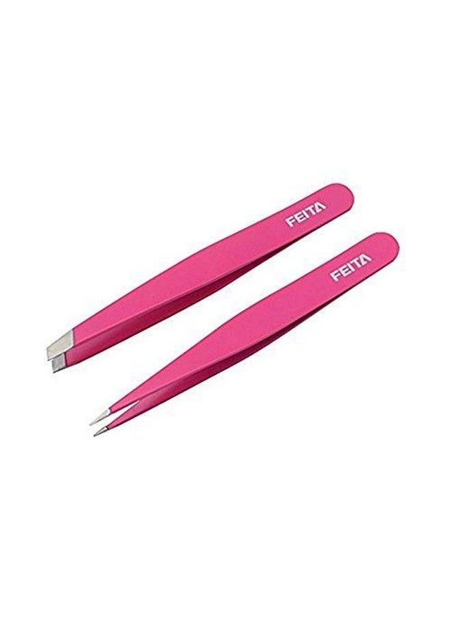 FEITA - Precision Tweezers for Eyebrows Professional Stainless Steel Slant & Pointed Eyebrow Tweezer Set with Travel Case for Woman Facial Hair Removal Clip (Pink 2 Pcs) - Image 1