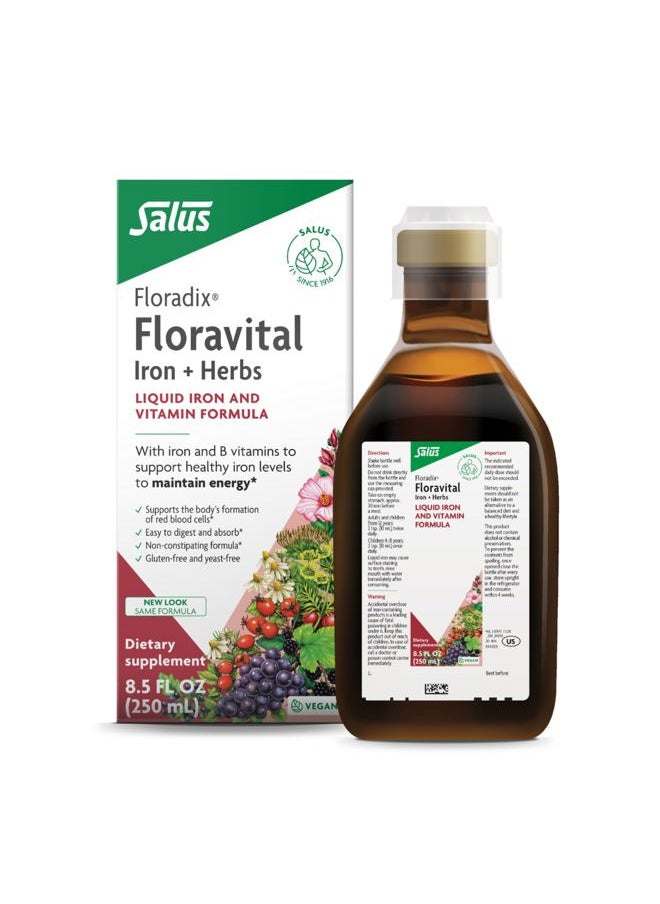 Floradix Floravital Liquid Iron & Vitamins Formula - Liquid Iron Supplement with B Complex Vitamins, Vitamin C & Herbs for Energy Support - Vegan, Gluten-Free, Yeast- Free, Non-GMO - 8.5 fl oz  - Image 1