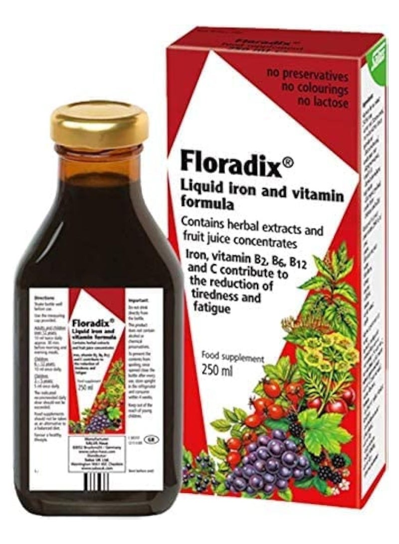 Floradix مكمل سائل نباتي للحديد والأعشاب من فلورافيتال، دعم الطاقة للنساء والرجال، سهل الامتصاص، غير معدل وراثيًا، نباتي، كوشير، خالي من اللاكتوز، بدون نكهة، 250 مل قد تختلف التعبئة والتغليف - Image 1