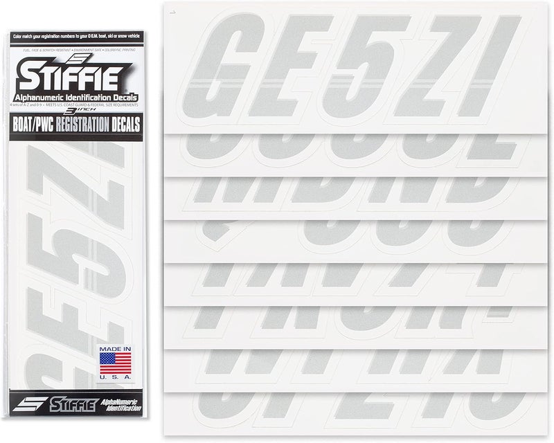 Stiffie Techtron Silver/White 3" Alpha-Numeric Registration Identification Numbers Stickers Decals for Boats & Personal Watercraft - Image 2