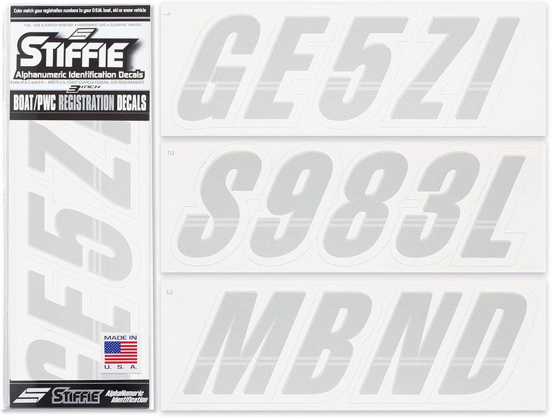 Stiffie Techtron Silver/White 3" Alpha-Numeric Registration Identification Numbers Stickers Decals for Boats & Personal Watercraft - Image 1