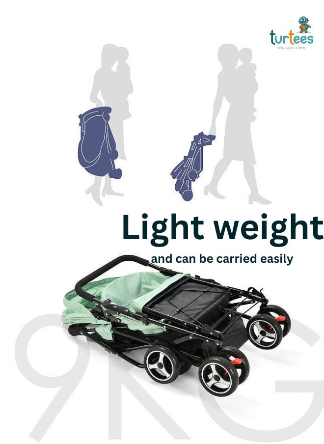 turtees turtees Baby Twin Stroller – Easy-Fold Tandem Baby Trolley – Double Stroller for Infant & Toddler – Reclining Pushchair, Adjustable Canopy, 5-Point Harness – 0m+, Up to 18kg  - Image 3