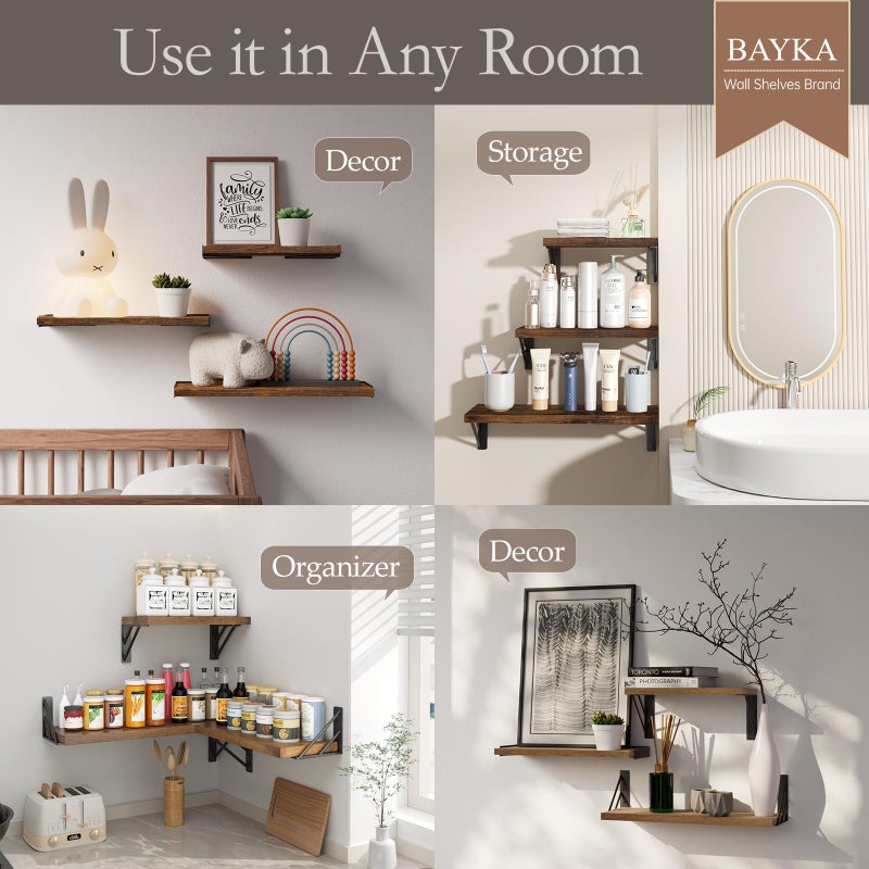 BAYKA Wall Shelves for Bedroom Decor, Floating Shelves for Wall, Display Mounted Rustic Wood Shelf for Books,Plants,Corner Shelves for Bathroom,Kitchen,Living Room(Rustic Brown,Set of 3) - Image 3
