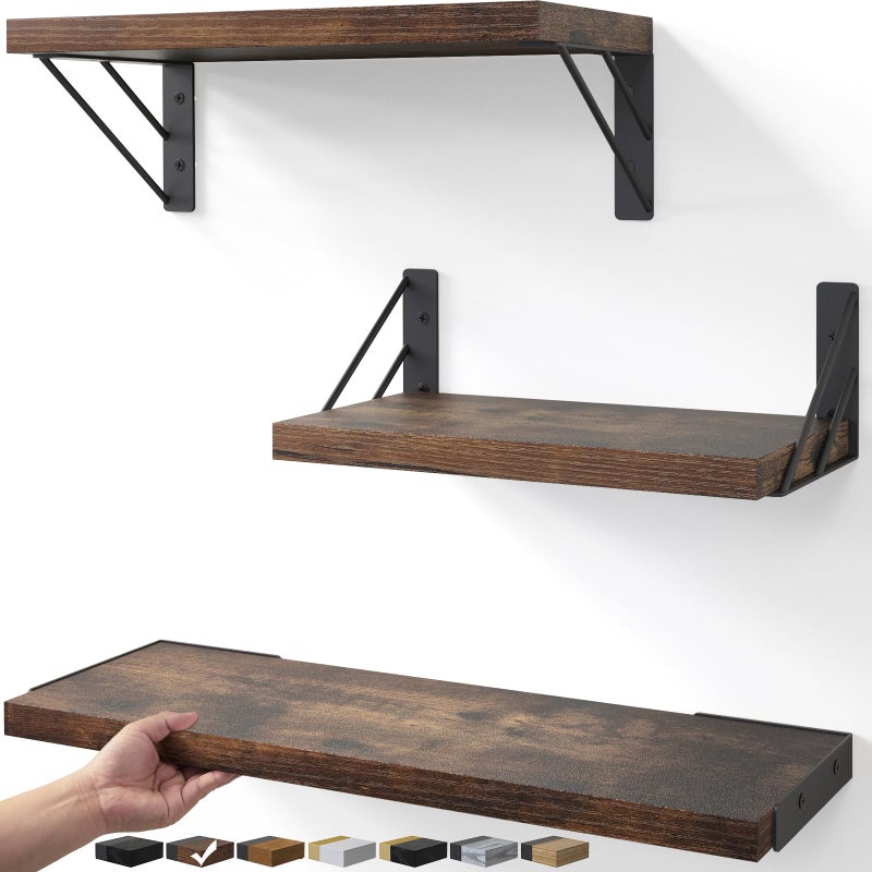 BAYKA Wall Shelves for Bedroom Decor, Floating Shelves for Wall, Display Mounted Rustic Wood Shelf for Books,Plants,Corner Shelves for Bathroom,Kitchen,Living Room(Rustic Brown,Set of 3) - Image 1