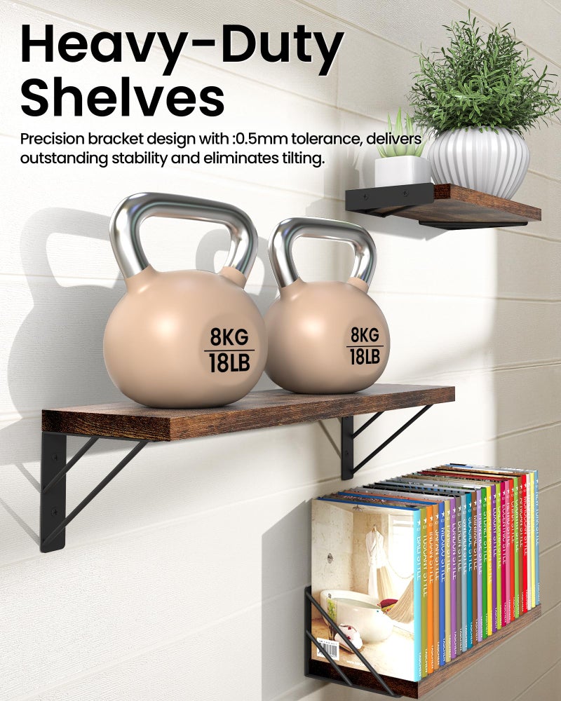 BAYKA Wall Shelves for Bedroom Decor, Floating Shelves for Wall, Display Mounted Rustic Wood Shelf for Books,Plants,Corner Shelves for Bathroom,Kitchen,Living Room(Rustic Brown,Set of 3) - Image 4