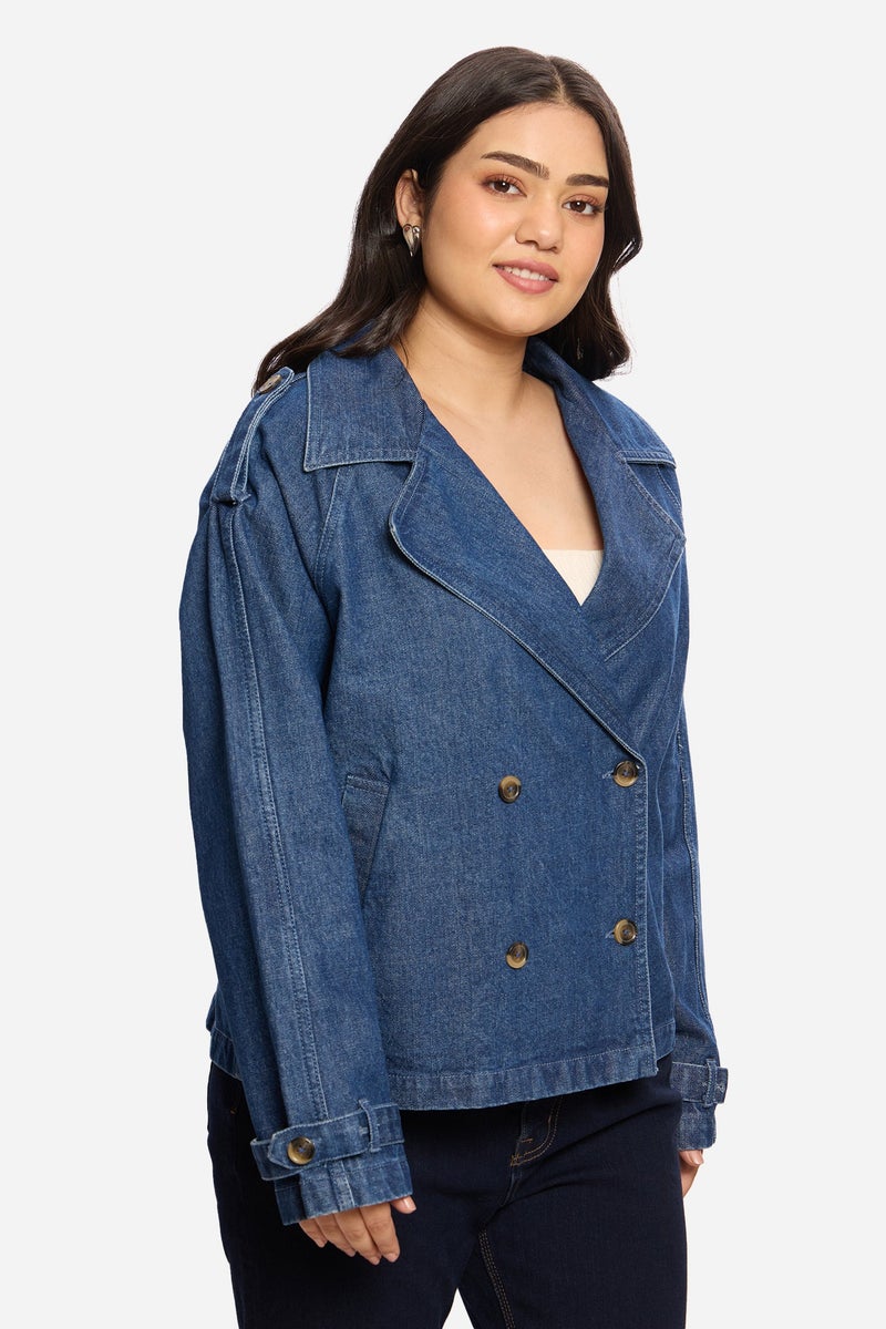 Virgio Solid Cotton Denim Plus Size Blazer for Women - Image 4